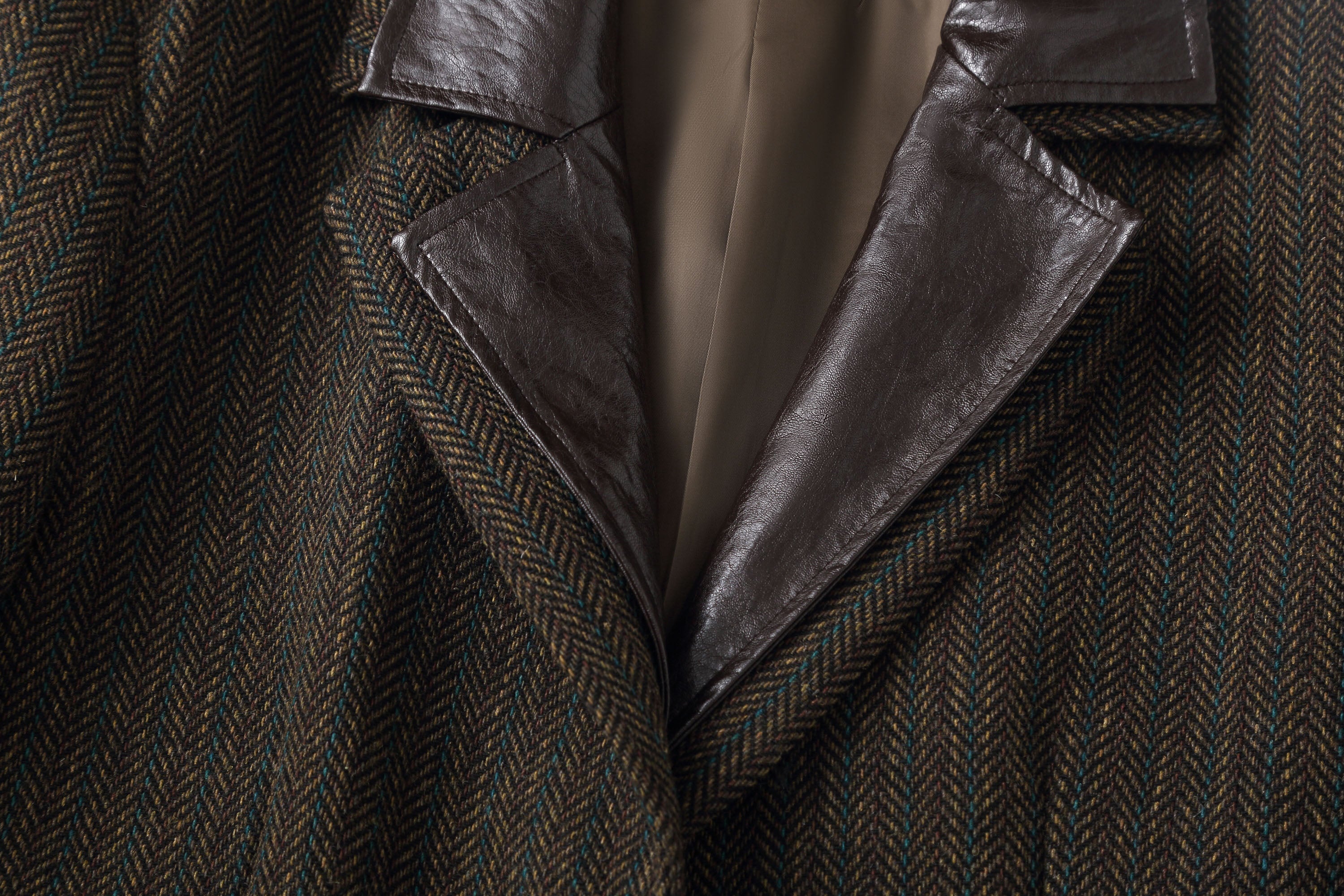 Vintage Herringbone Leather Collar Blazer
