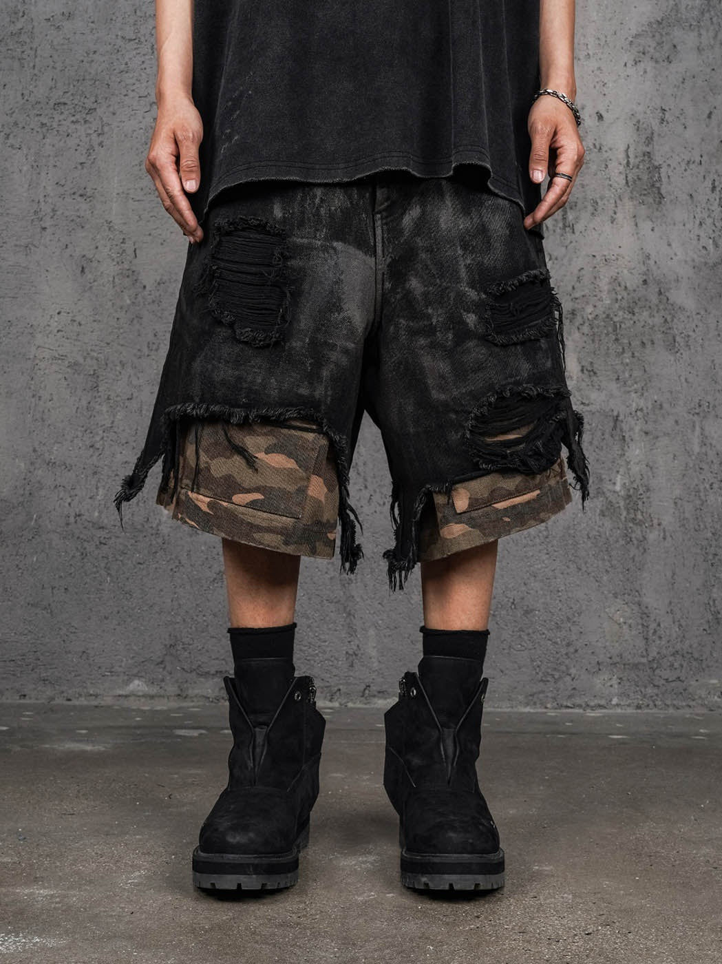 Layered Distressed Black Camo Shorts