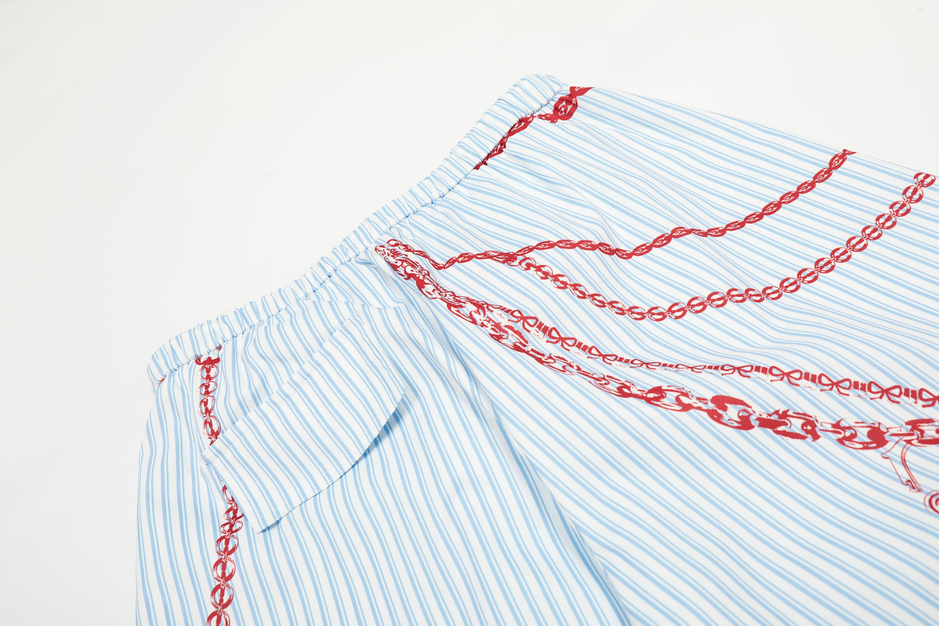 Blue Pinstripe Pants with Red Chain Print