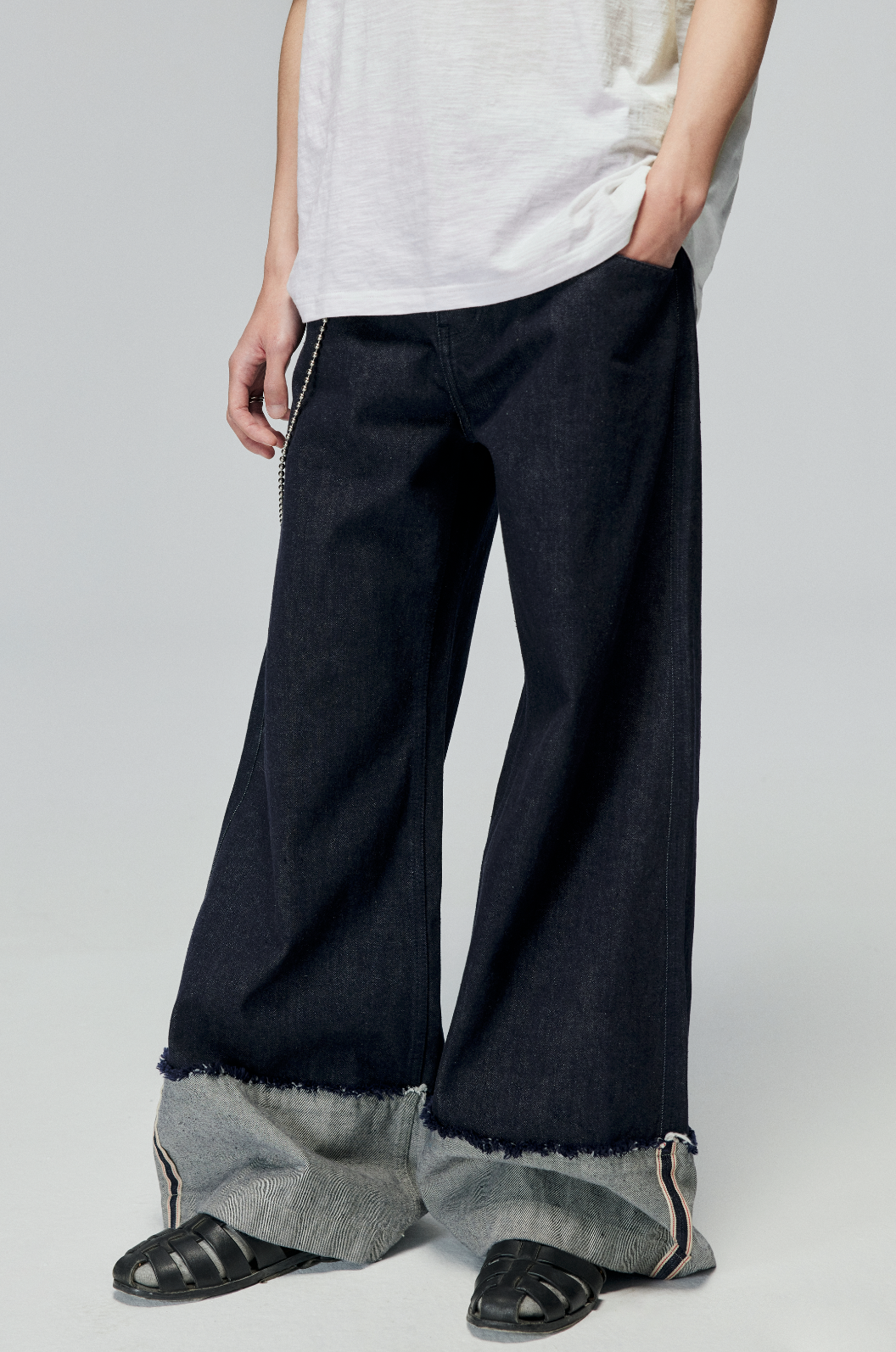 Denim Wide Leg Cuffed Jeans