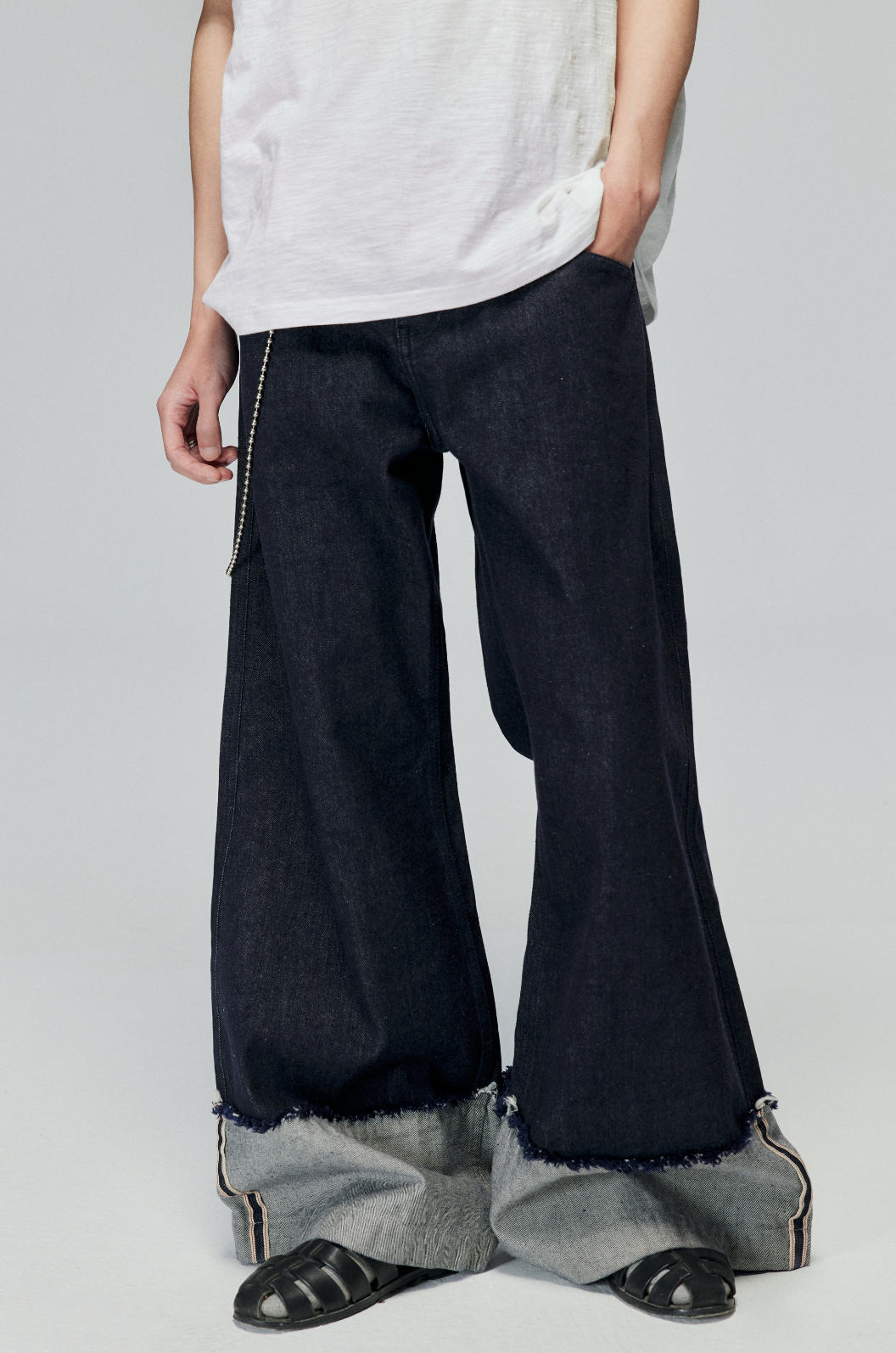 Denim Wide Leg Cuffed Jeans