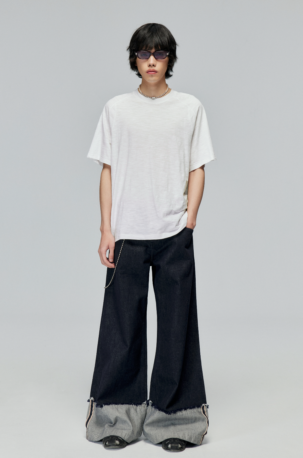 Denim Wide Leg Cuffed Jeans