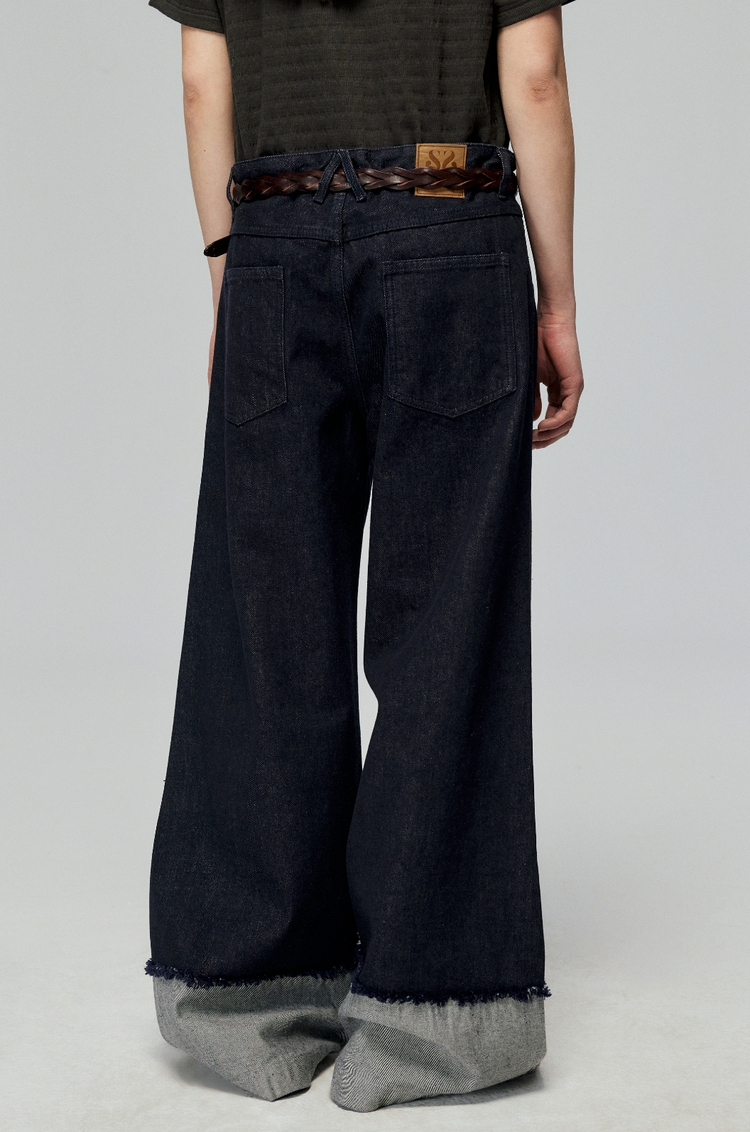 Denim Wide Leg Cuffed Jeans