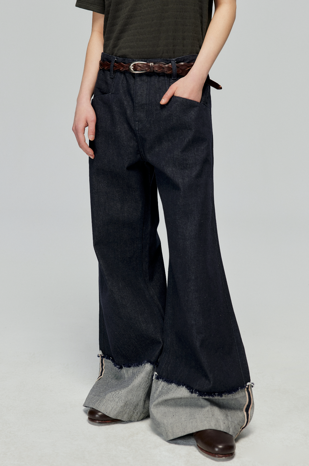 Denim Wide Leg Cuffed Jeans