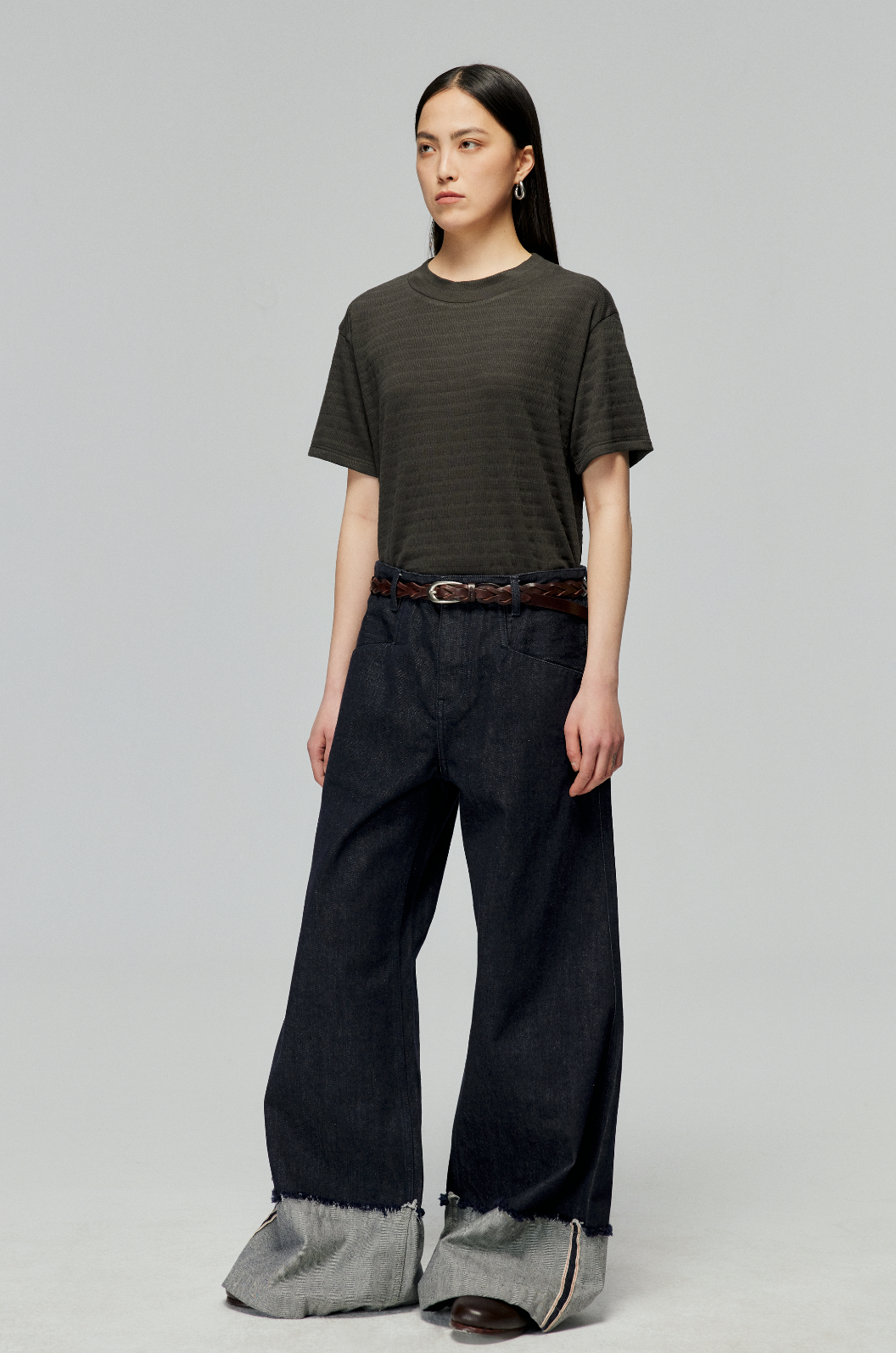 Denim Wide Leg Cuffed Jeans