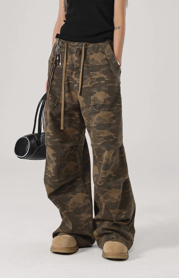 Camouflage Pleated Paratrooper Work Pants - chiclara