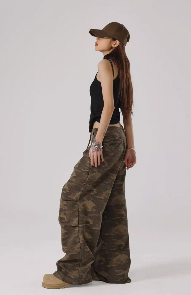 Camouflage Pleated Paratrooper Work Pants - chiclara