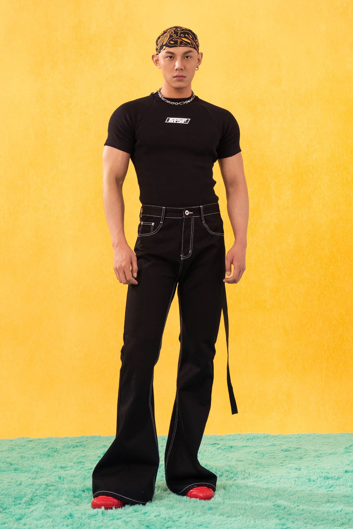 Black Flared Jeans with Contrast White Stitching