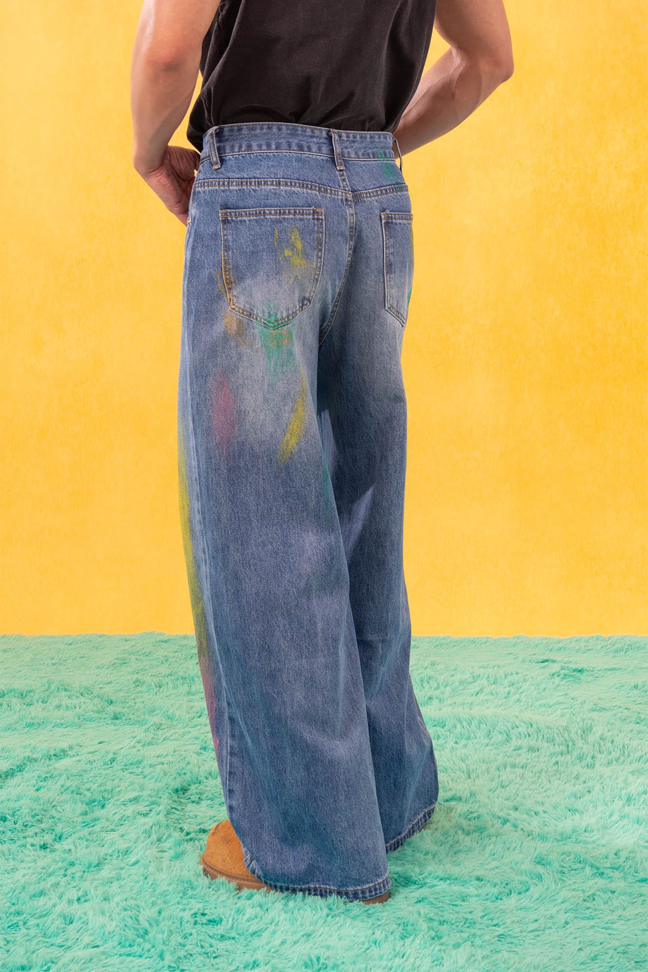 Multicolor Spray Paint Effect Wide-Leg Jeans