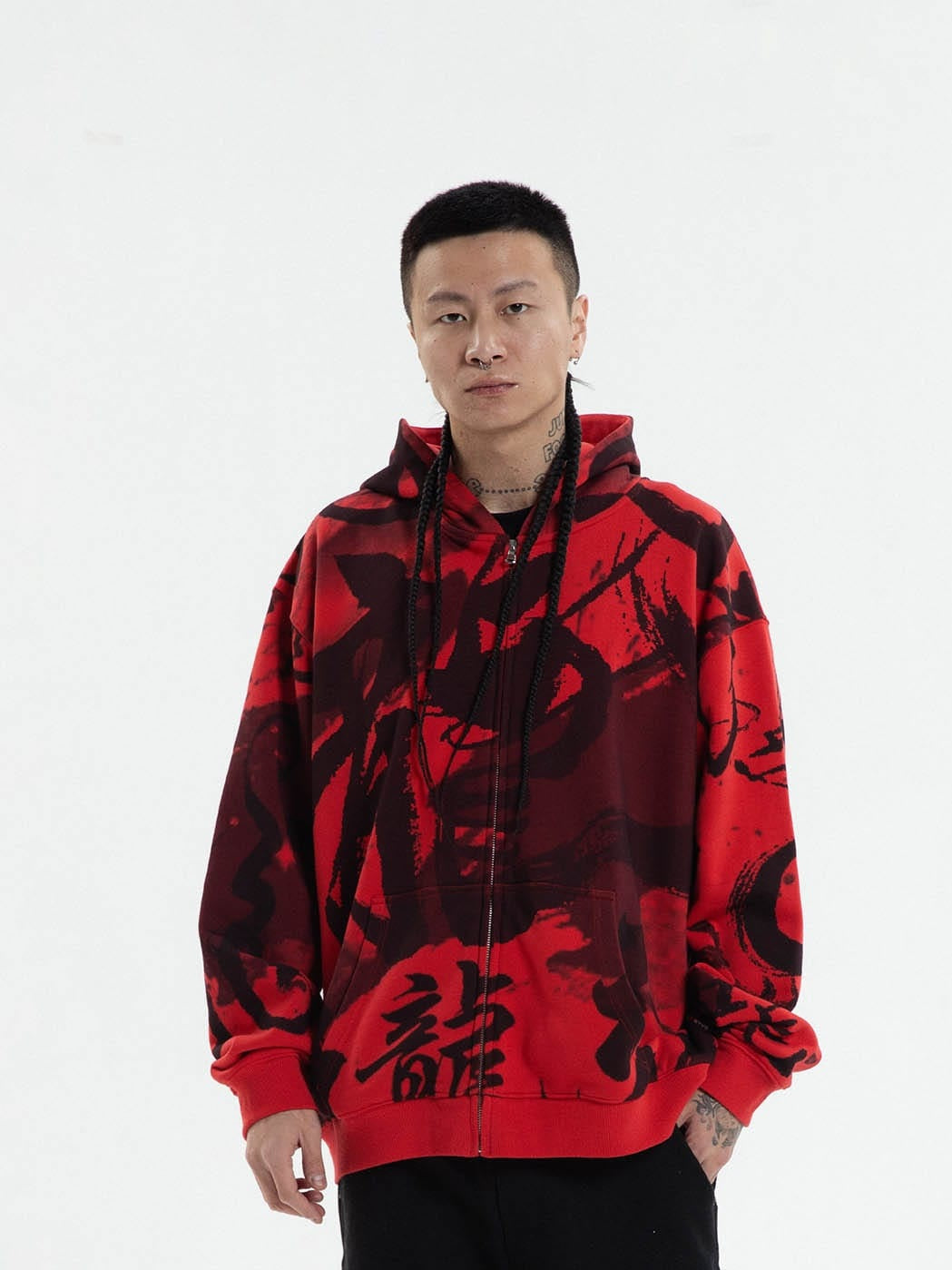 Chinese Calligraphy Print Zip-Up Hoodie