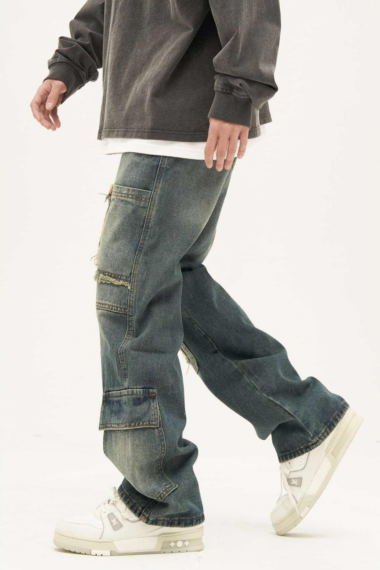 Patchwork Distressed Wide Leg Pocket Jeans