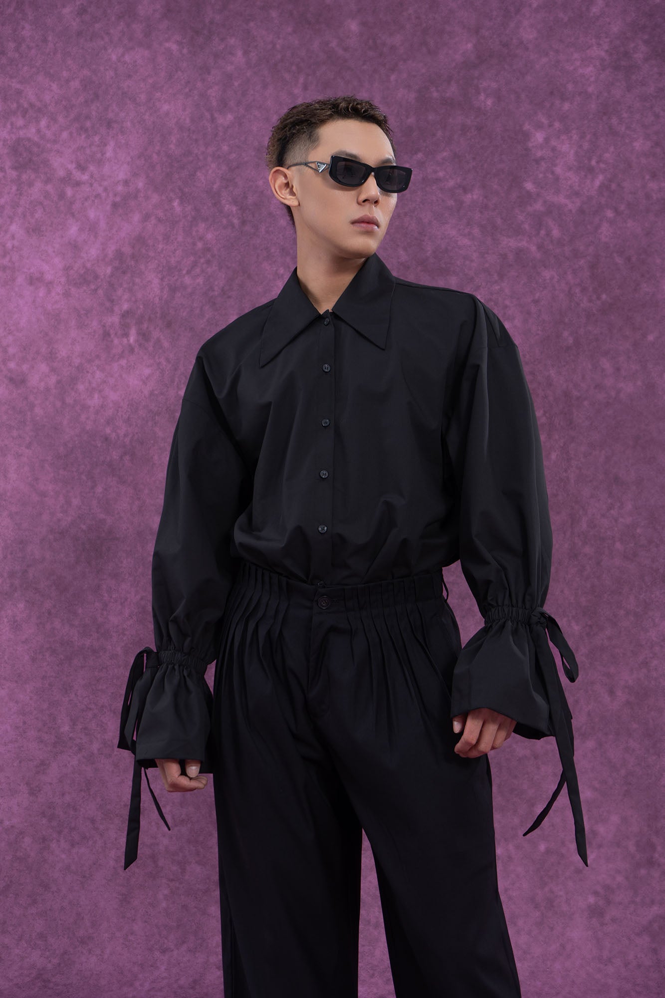 Button-Up Shirt with Tied Balloon Sleeves