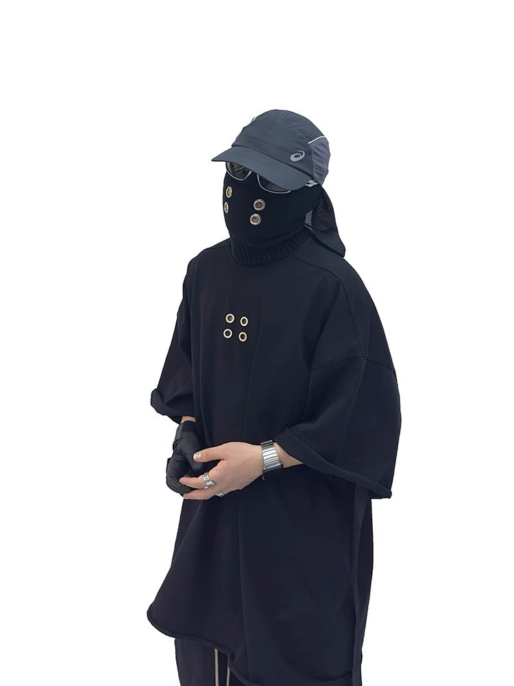아일렛 디테일 오버사이즈 블랙 티셔츠