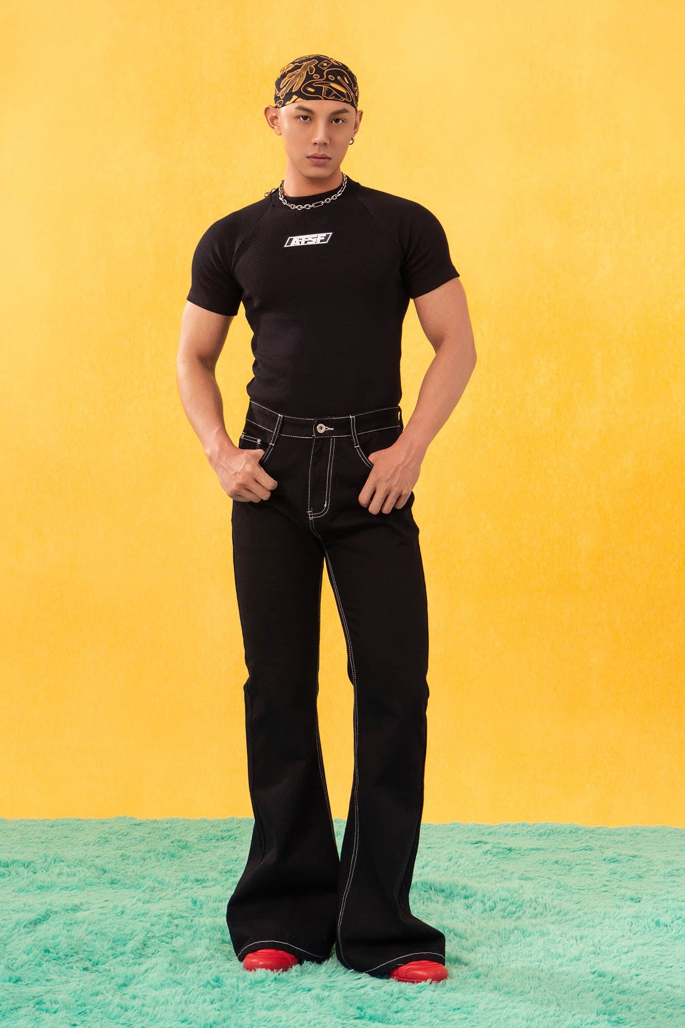 Black Flared Jeans with Contrast White Stitching