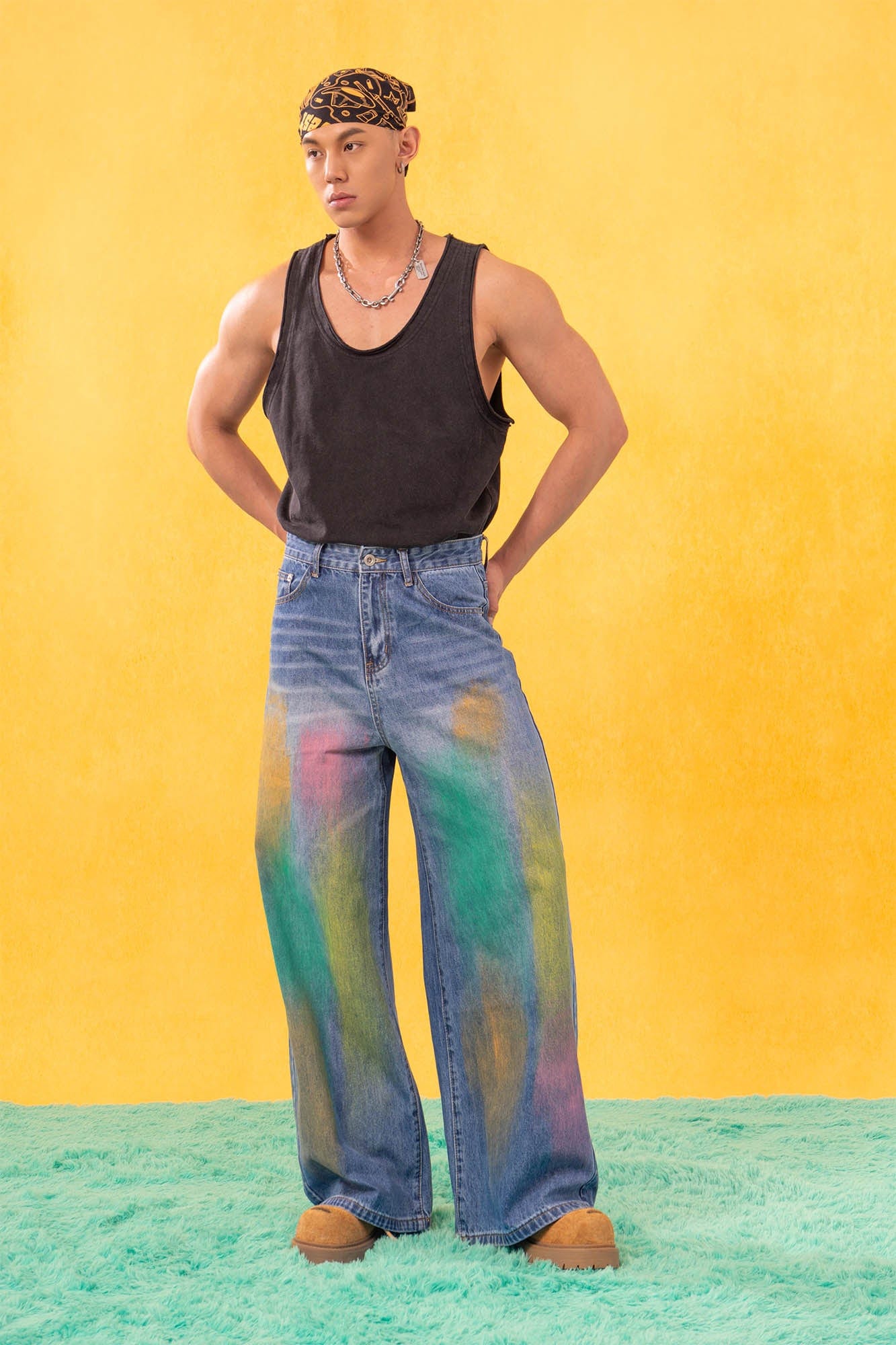 Multicolor Spray Paint Effect Wide-Leg Jeans