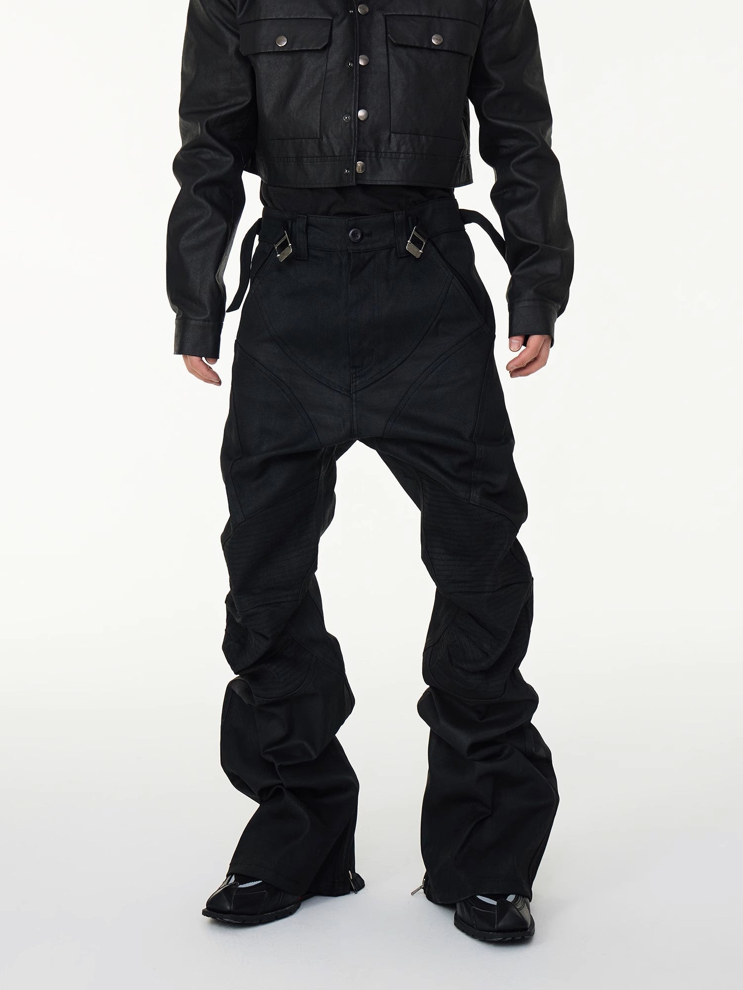 Black Moto-Panel Stacked Cargo Jeans