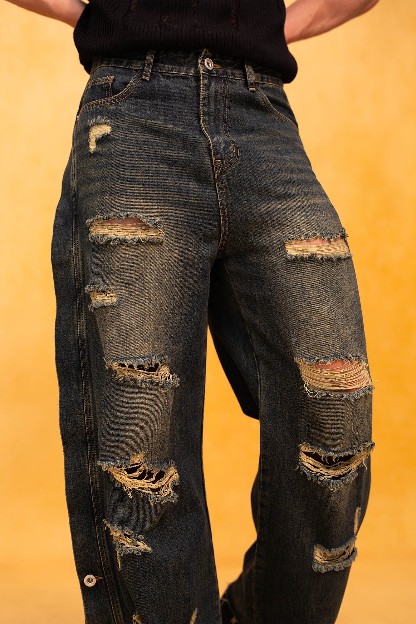Heavy Distressed Buttoned Straight Leg Jeans