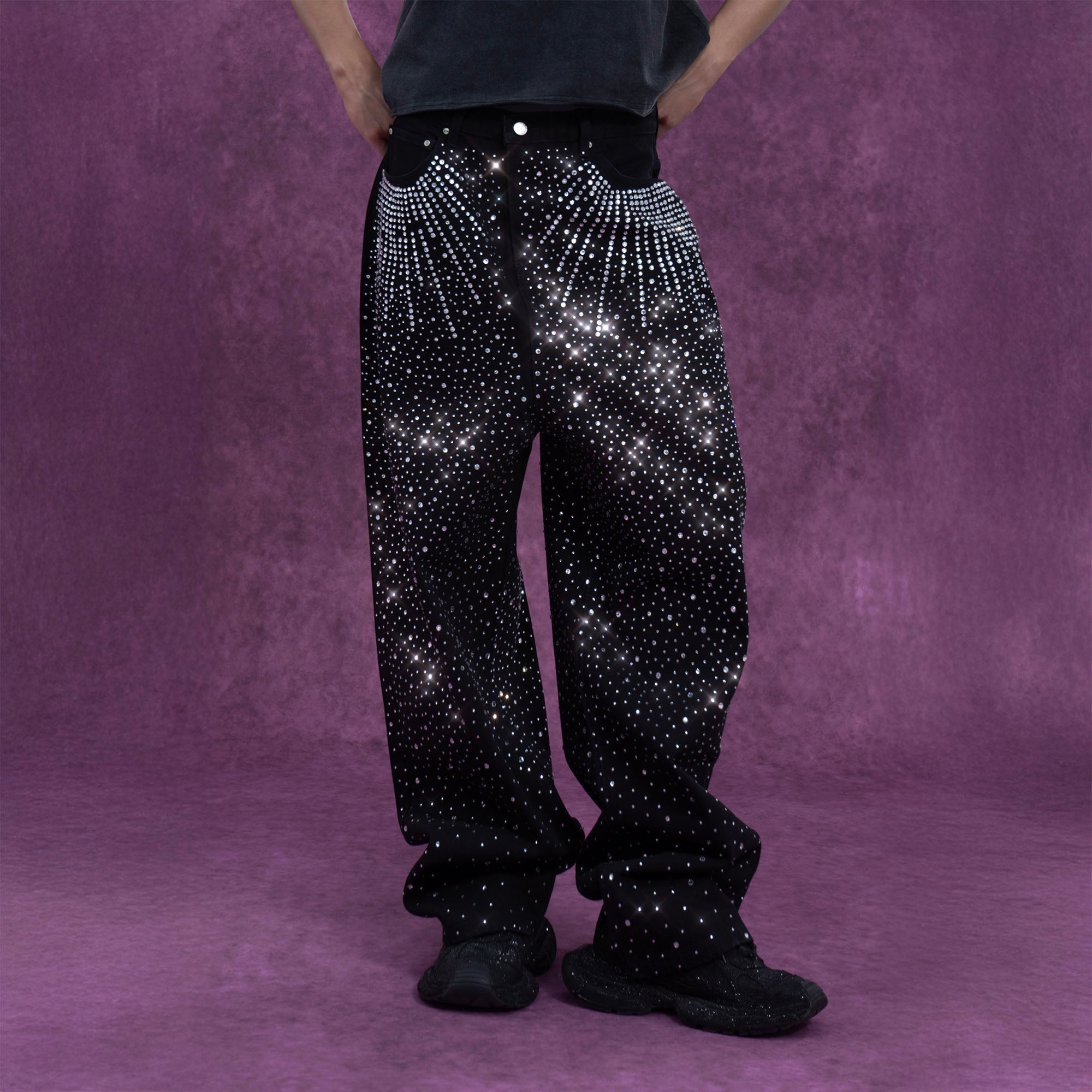 Black Rhinestone Embellished Jeans with Starburst Pattern