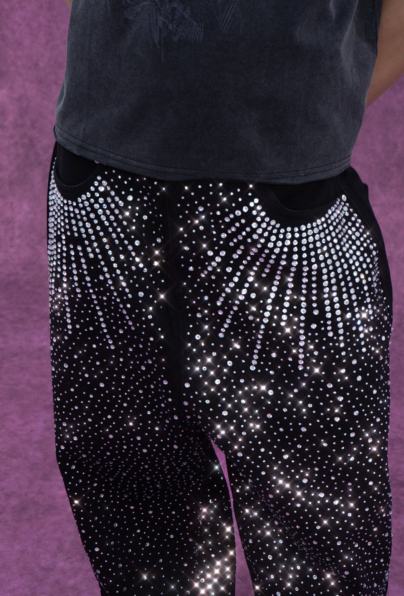 Black Rhinestone Embellished Jeans with Starburst Pattern