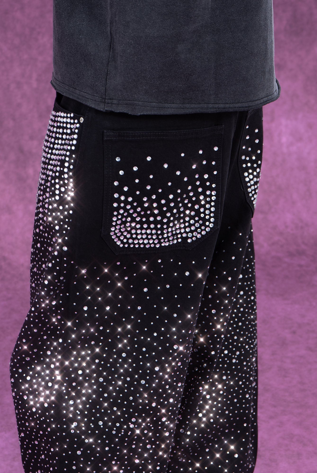 Black Rhinestone Embellished Jeans with Starburst Pattern