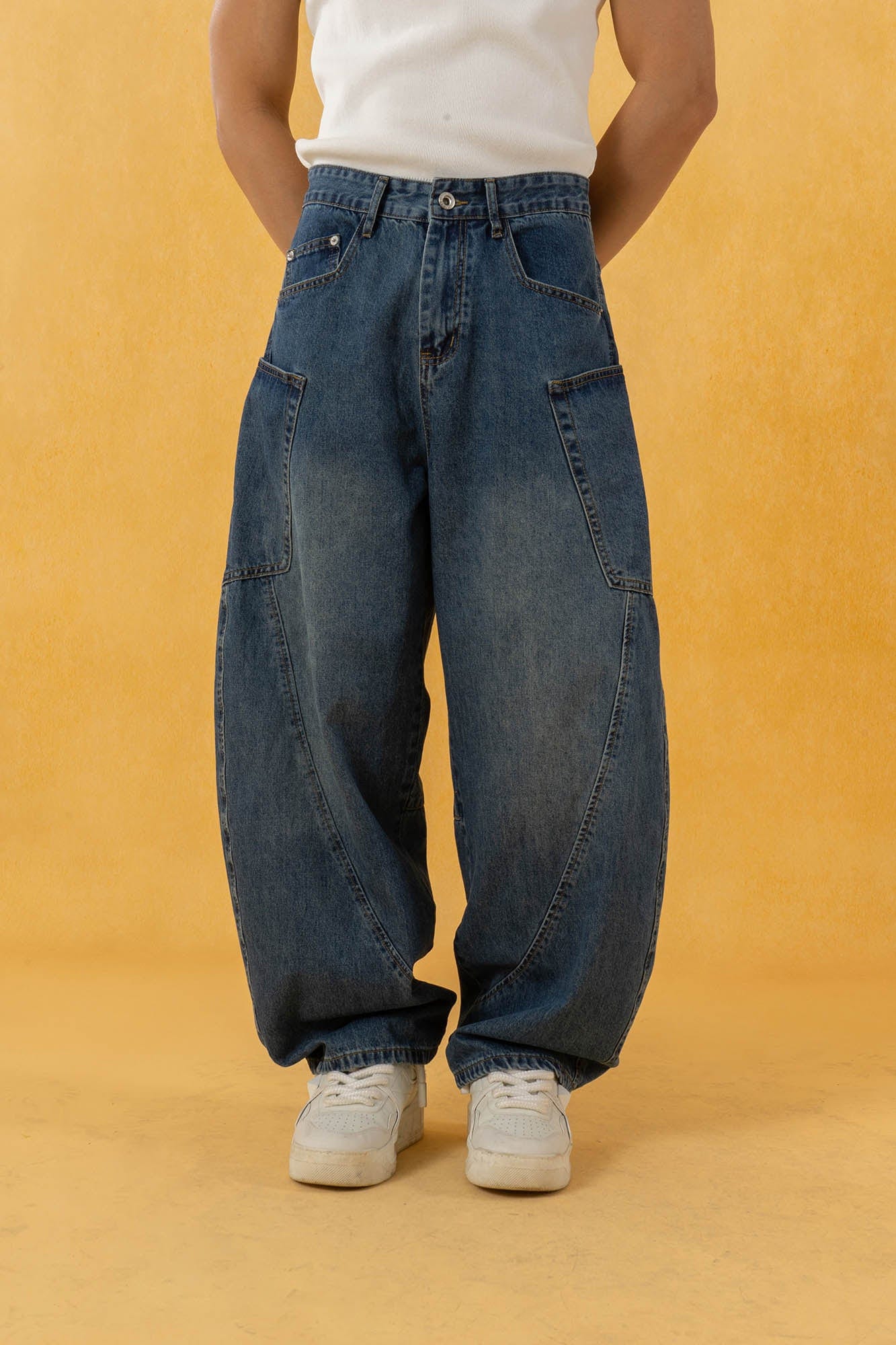 Spliced Baggy Curved Panel Denim Jeans
