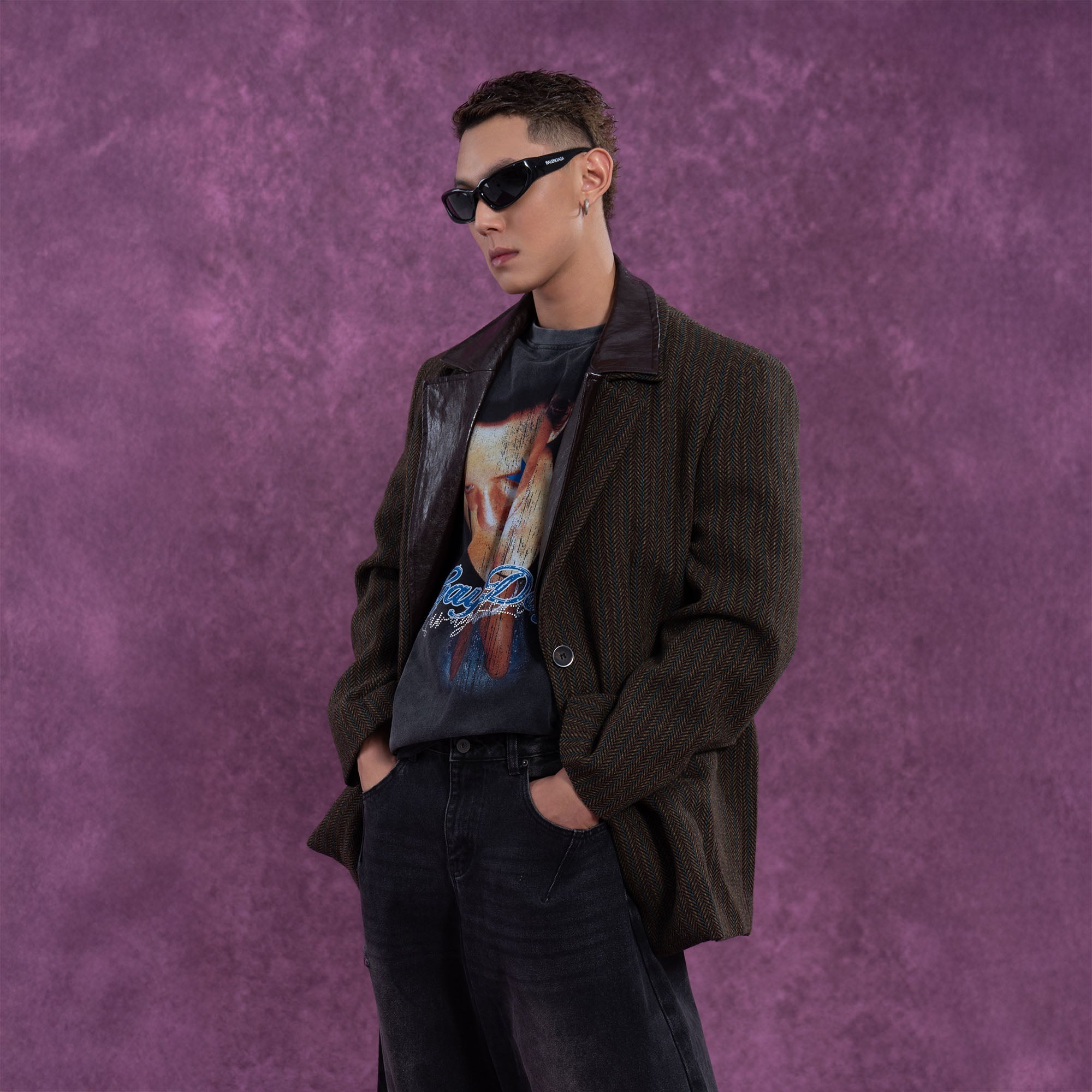 Vintage Herringbone Leather Collar Blazer