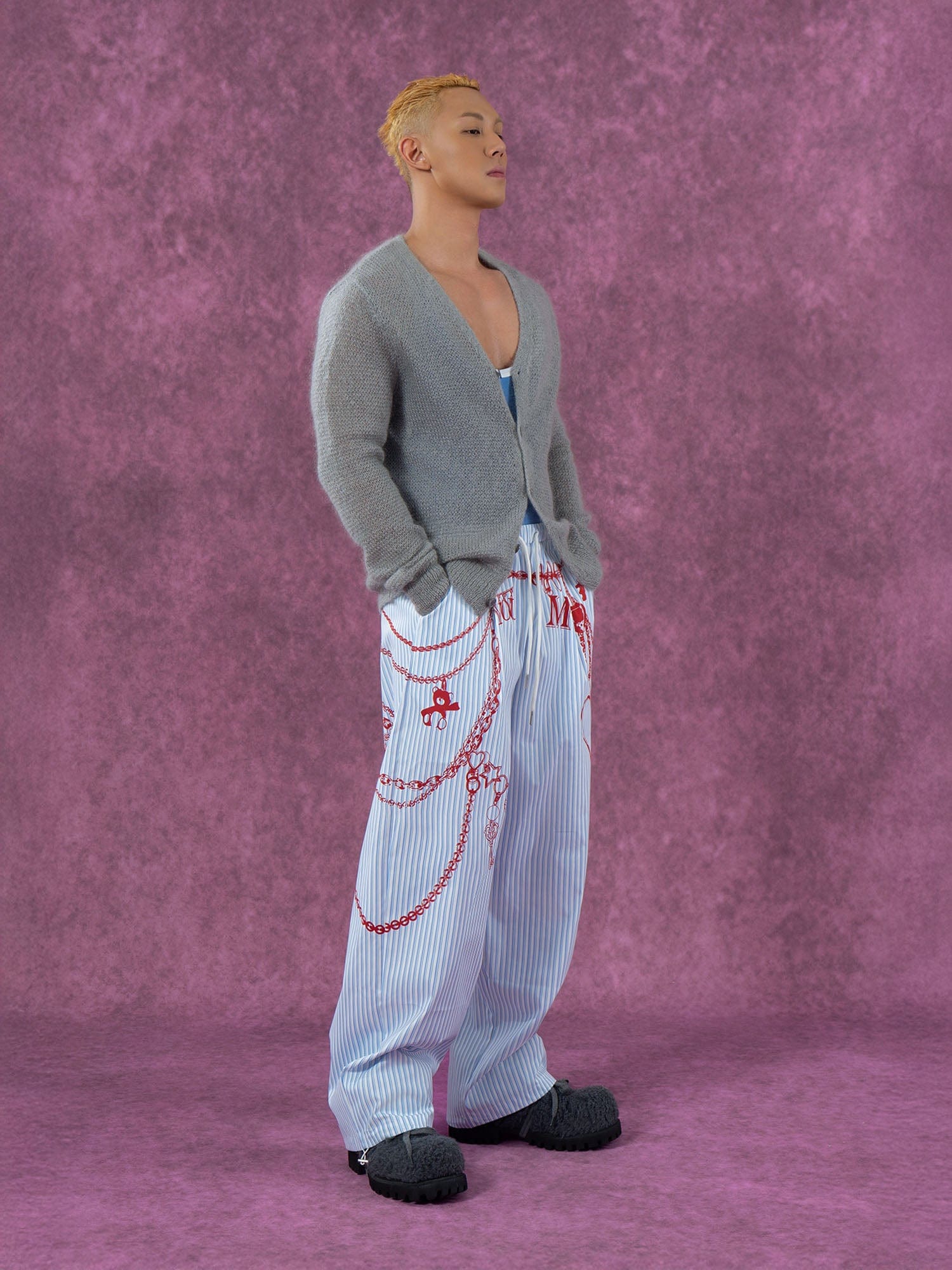 Blue Pinstripe Pants with Red Chain Print