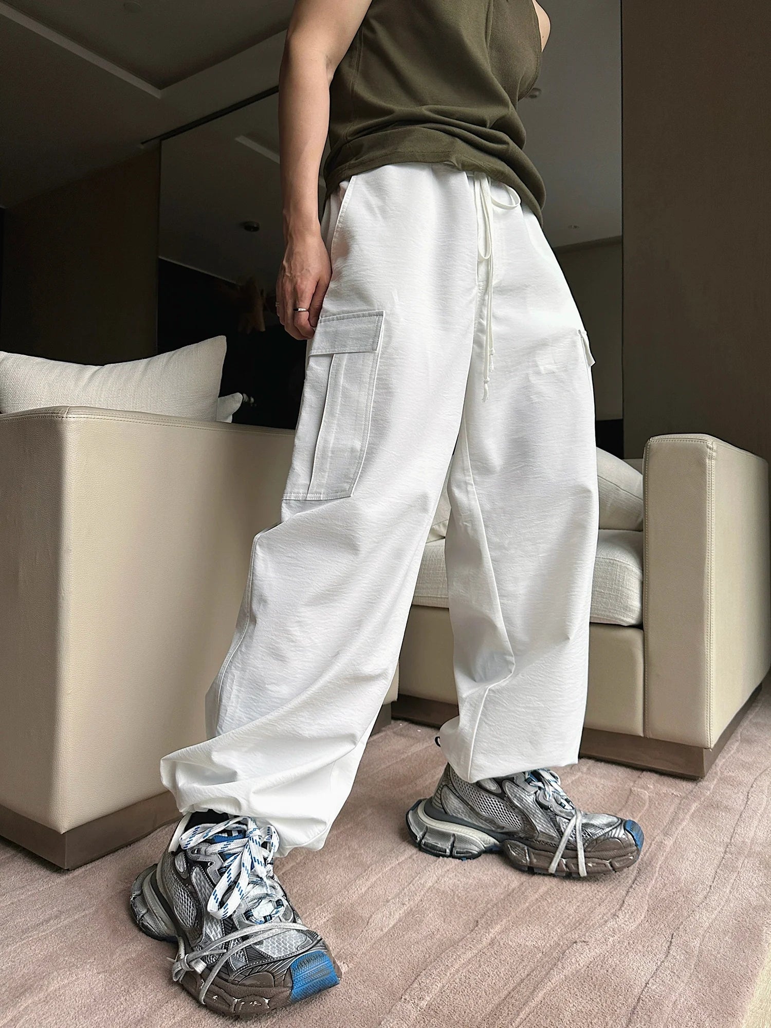 White Wide Leg Cargo Drawstring Pants