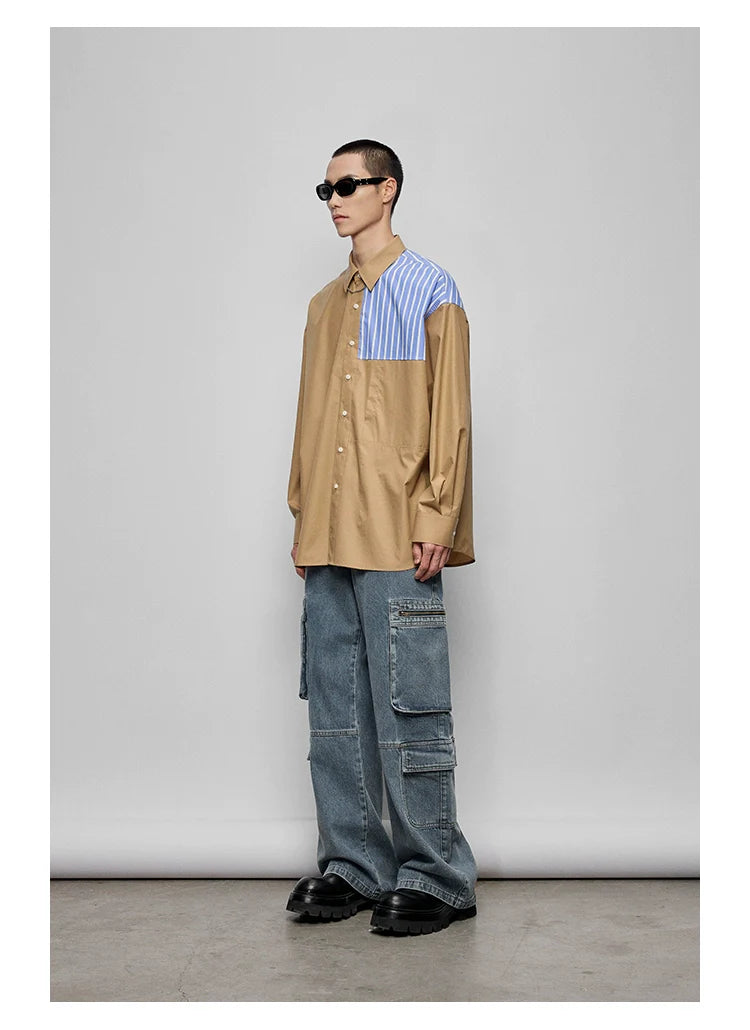 Color-Block Patchwork Pocket Oversized Shirt