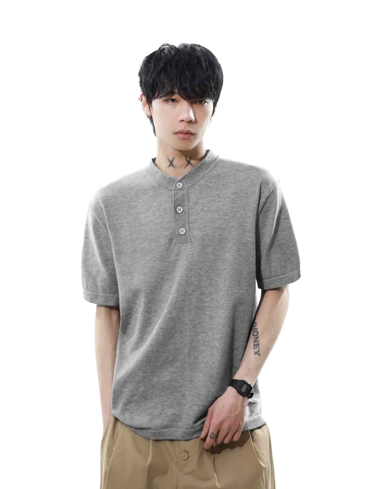 헤더 버튼 헨리 니트 티