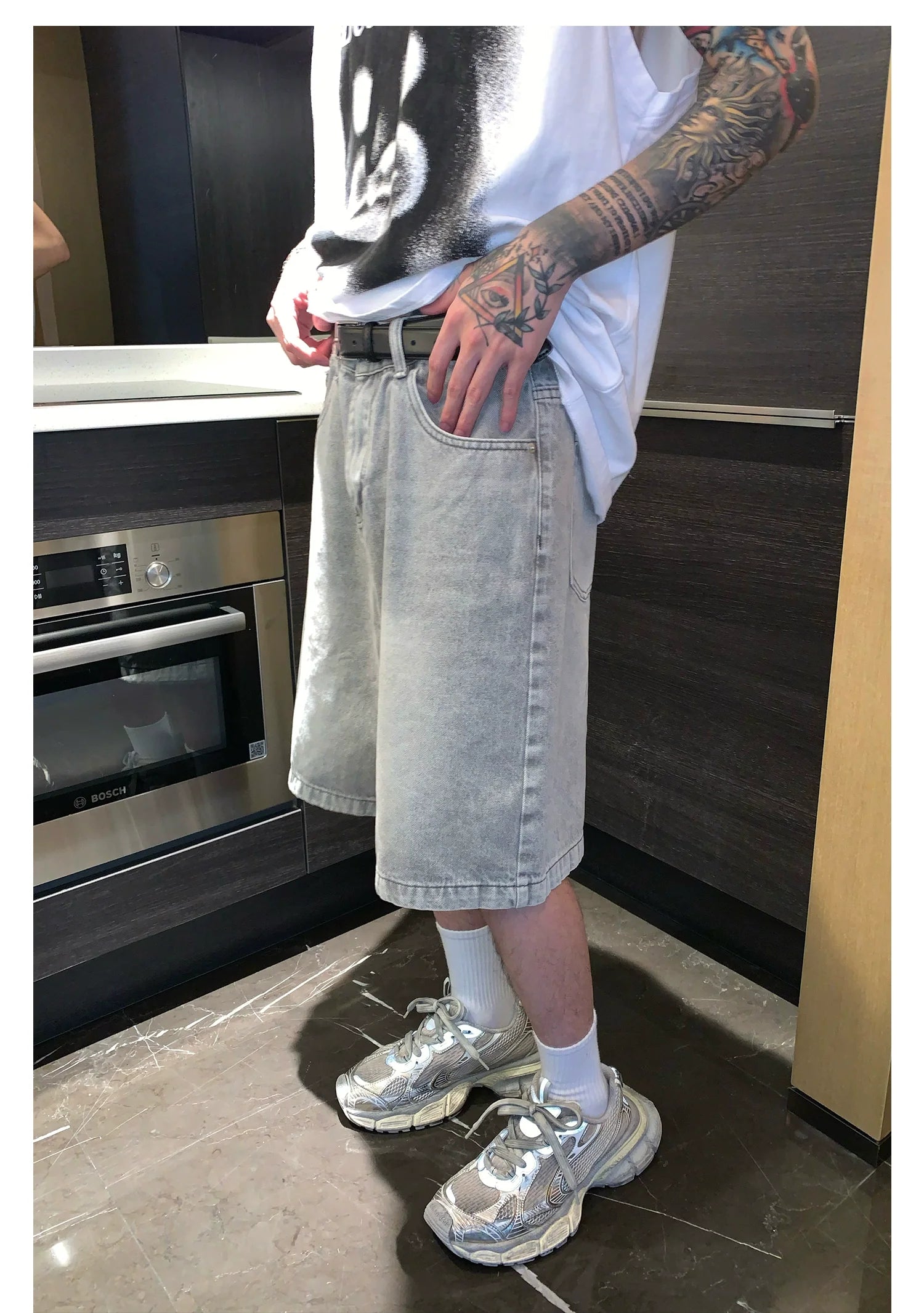 Faded Denim Shorts with Distressed Wash