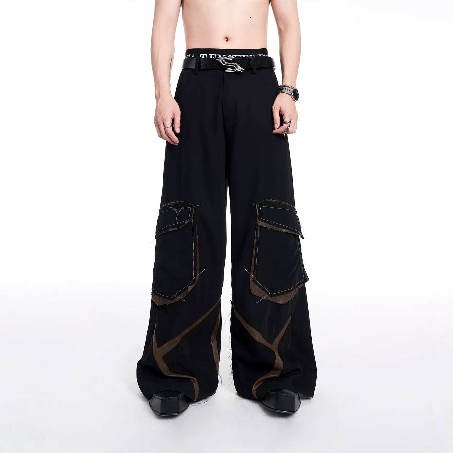 Leather Mix Oversize Double Jacket & Wide Leg Cargo Trousers Setup