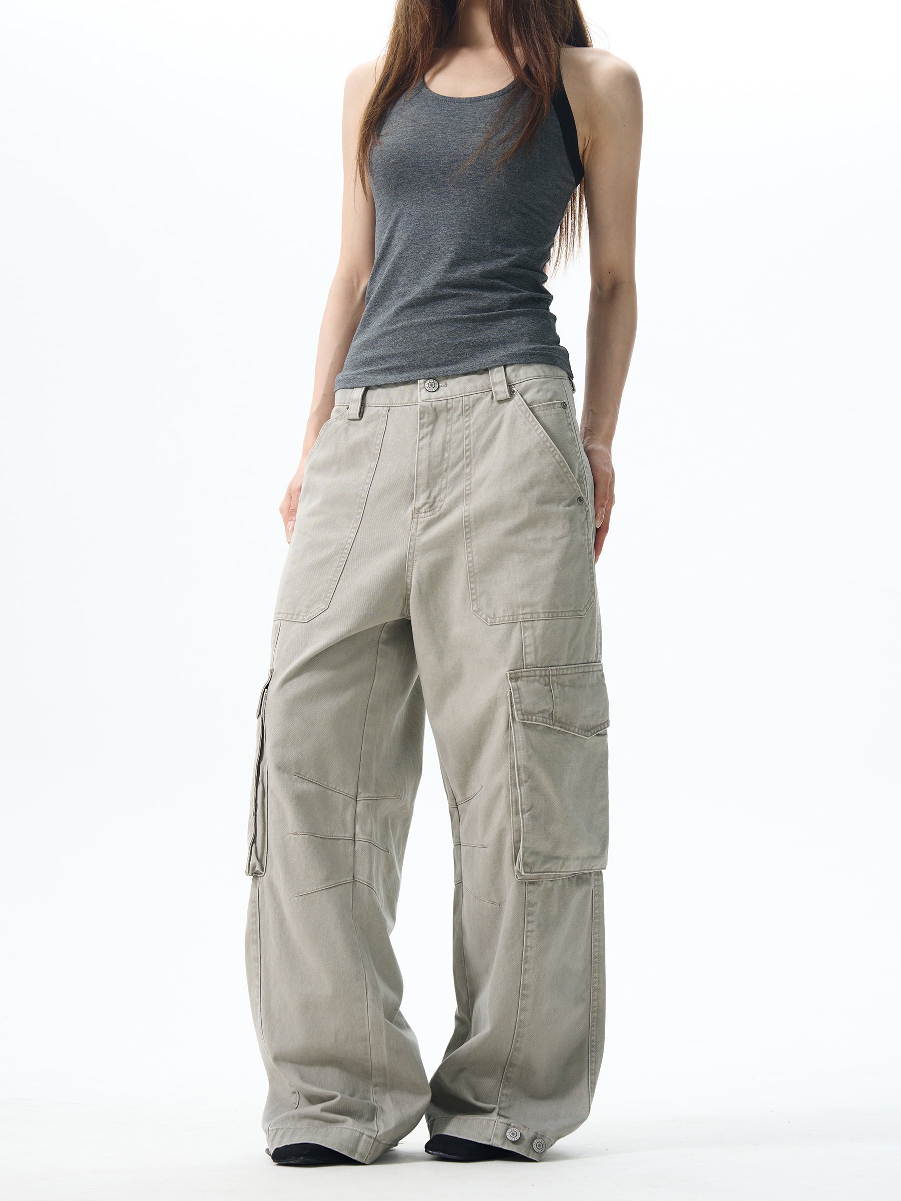 Wide Leg Cargo Pants in Beige & Black