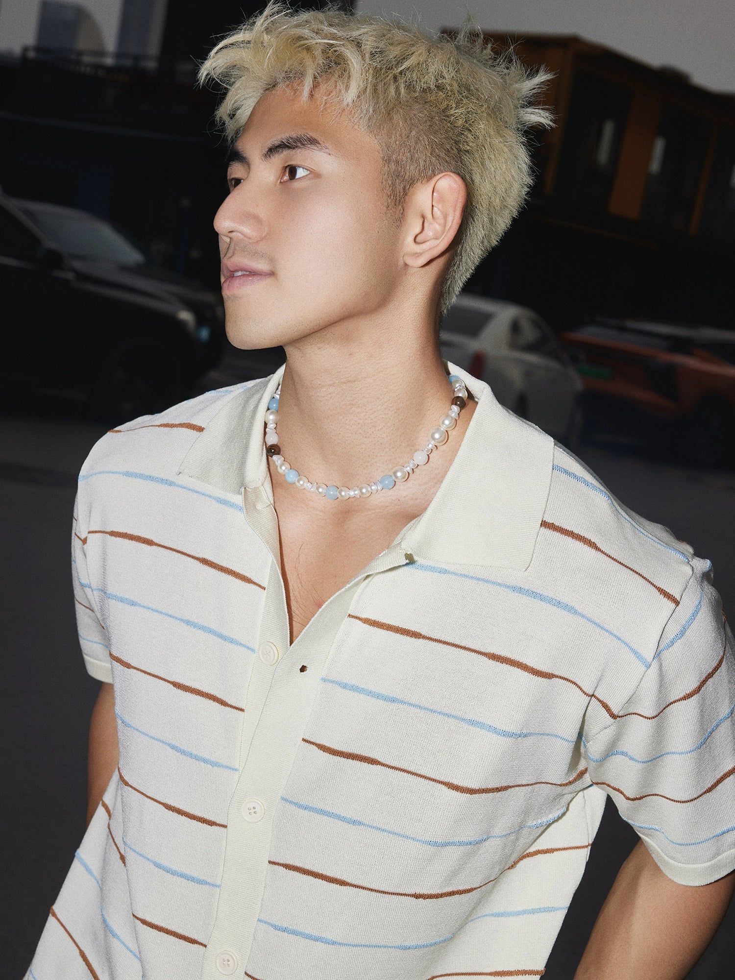 Cream Striped Knit Button-Up Shirt