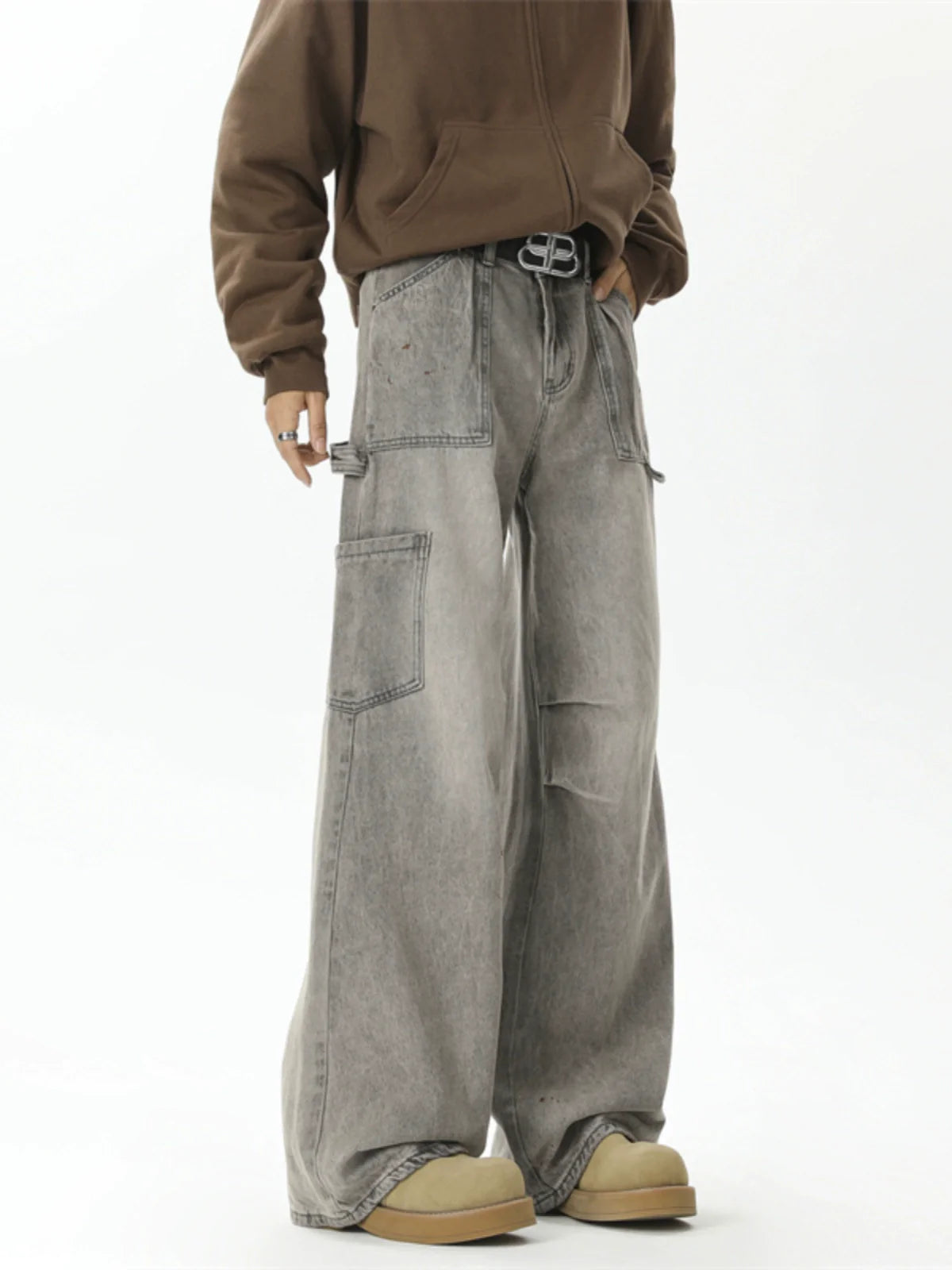 Wide Leg Washed Denim Cargo Pants