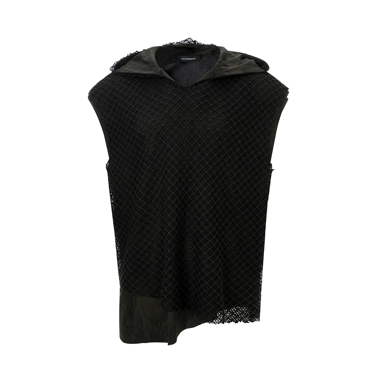 Black Mesh Sleeveless Hoodie with Textured Pattern