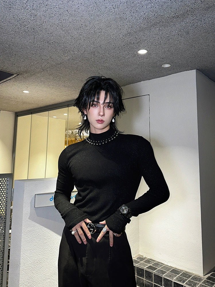 블랙 스터드 칼라 골지 니트 탑