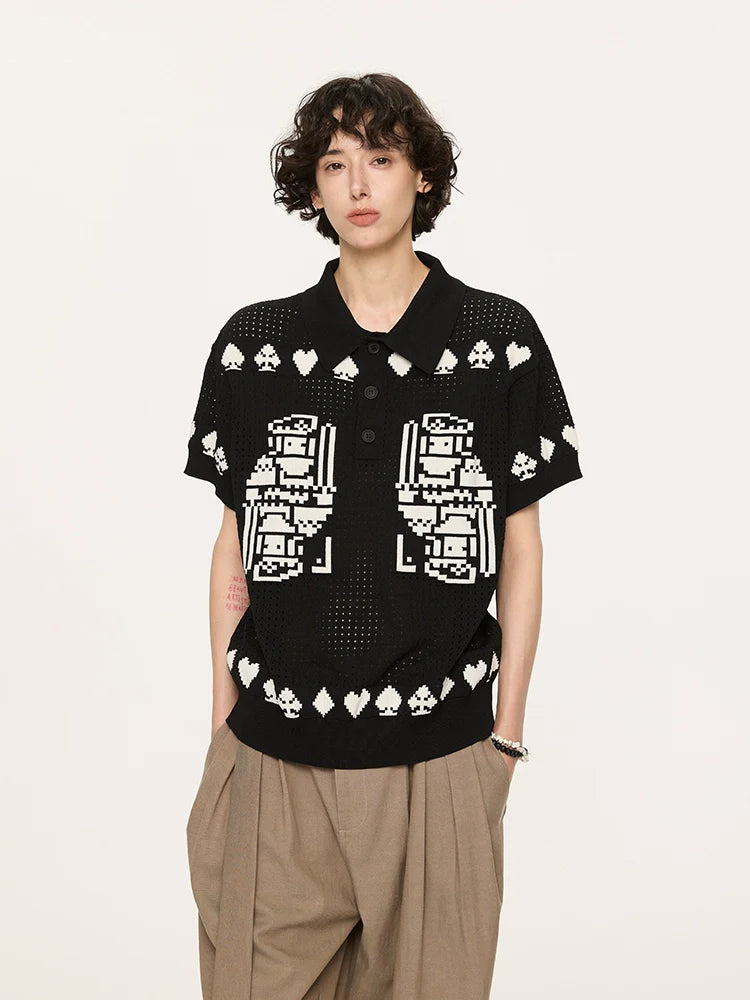 Pixel Heart Knit Polo Shirt