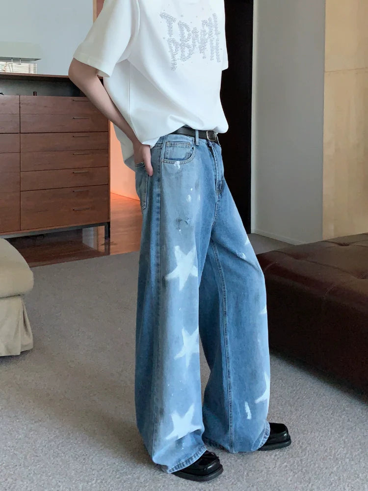 Wide-Leg Denim Jeans with White Star Print