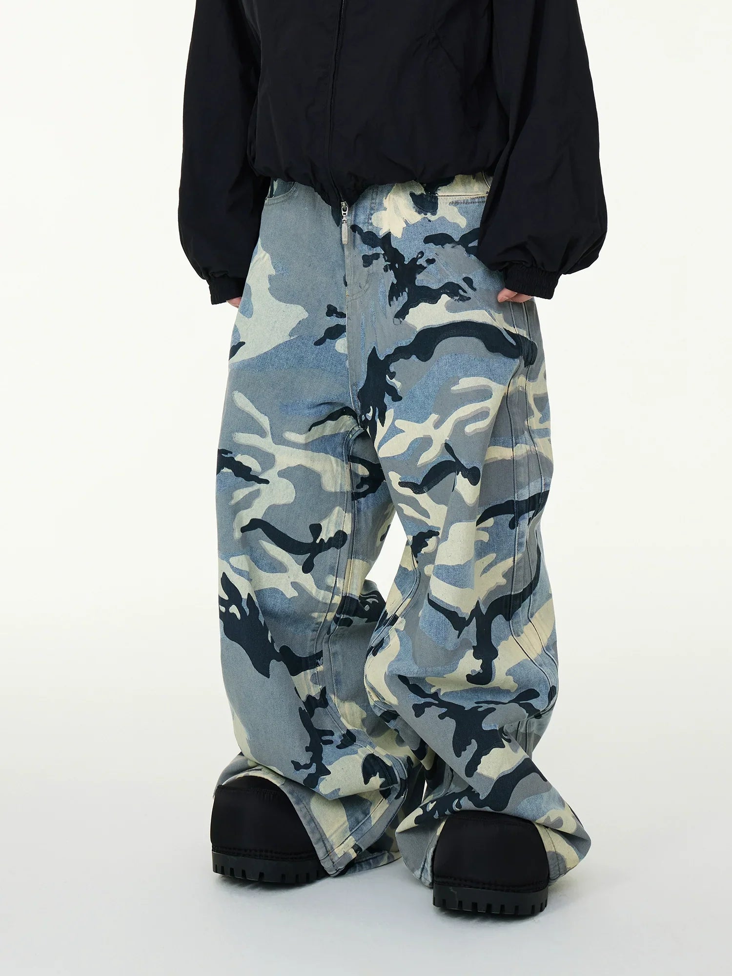 Oversized Blue Camo Print Stacked Jeans