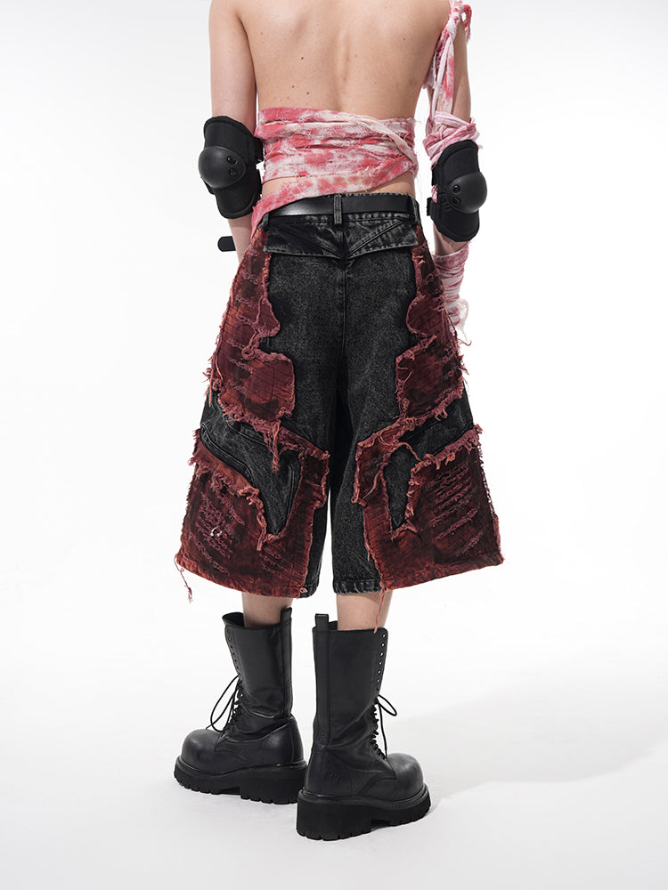 Black Red Distressed Denim Shorts