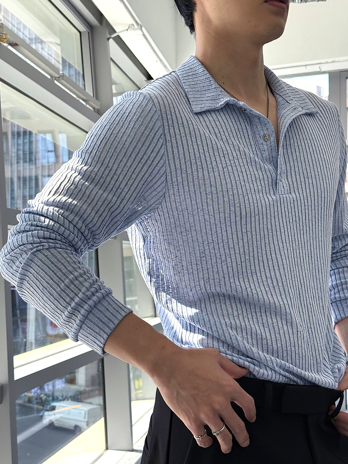 Light Blue Ribbed Polo Knit Shirt