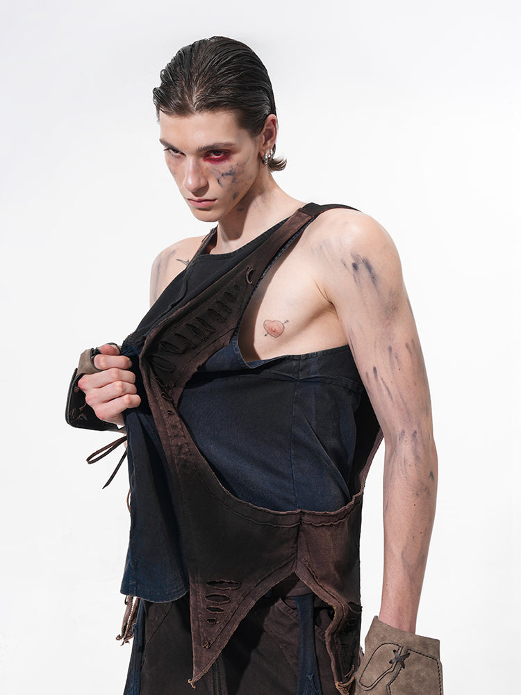 Deconstructed Patchwork Denim Sweatshirt Tank Top and Pants Setup