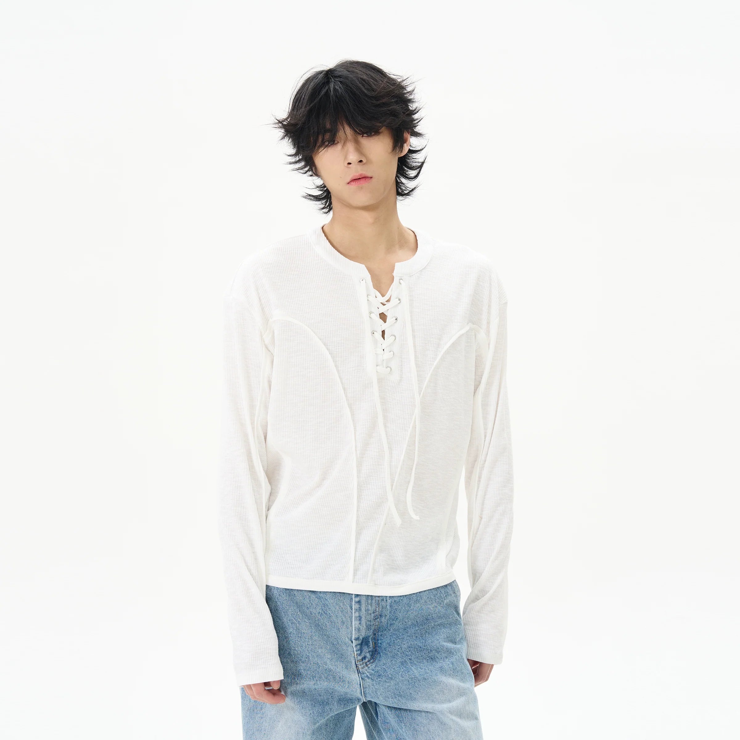 White Linen Lace-Up Henley Shirt