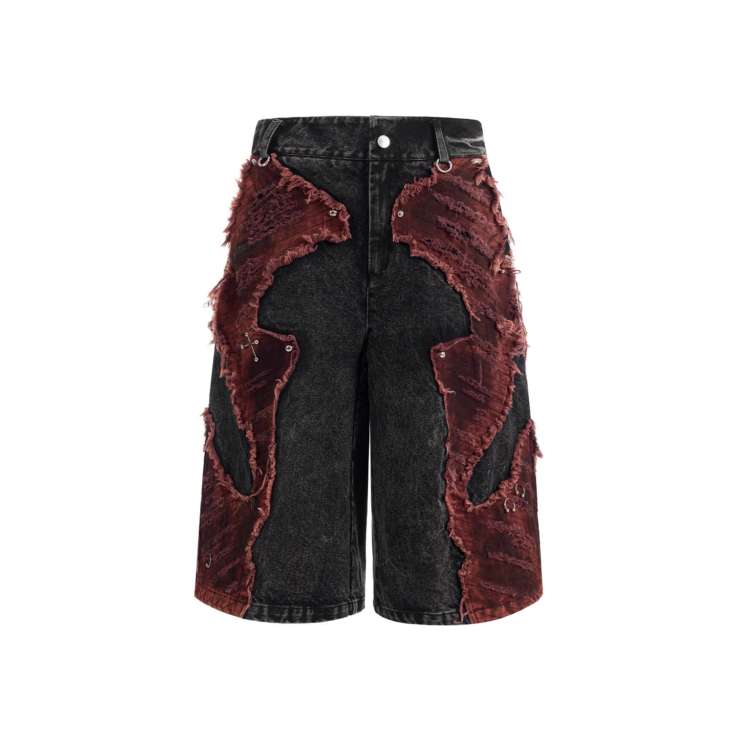 Black Red Distressed Denim Shorts