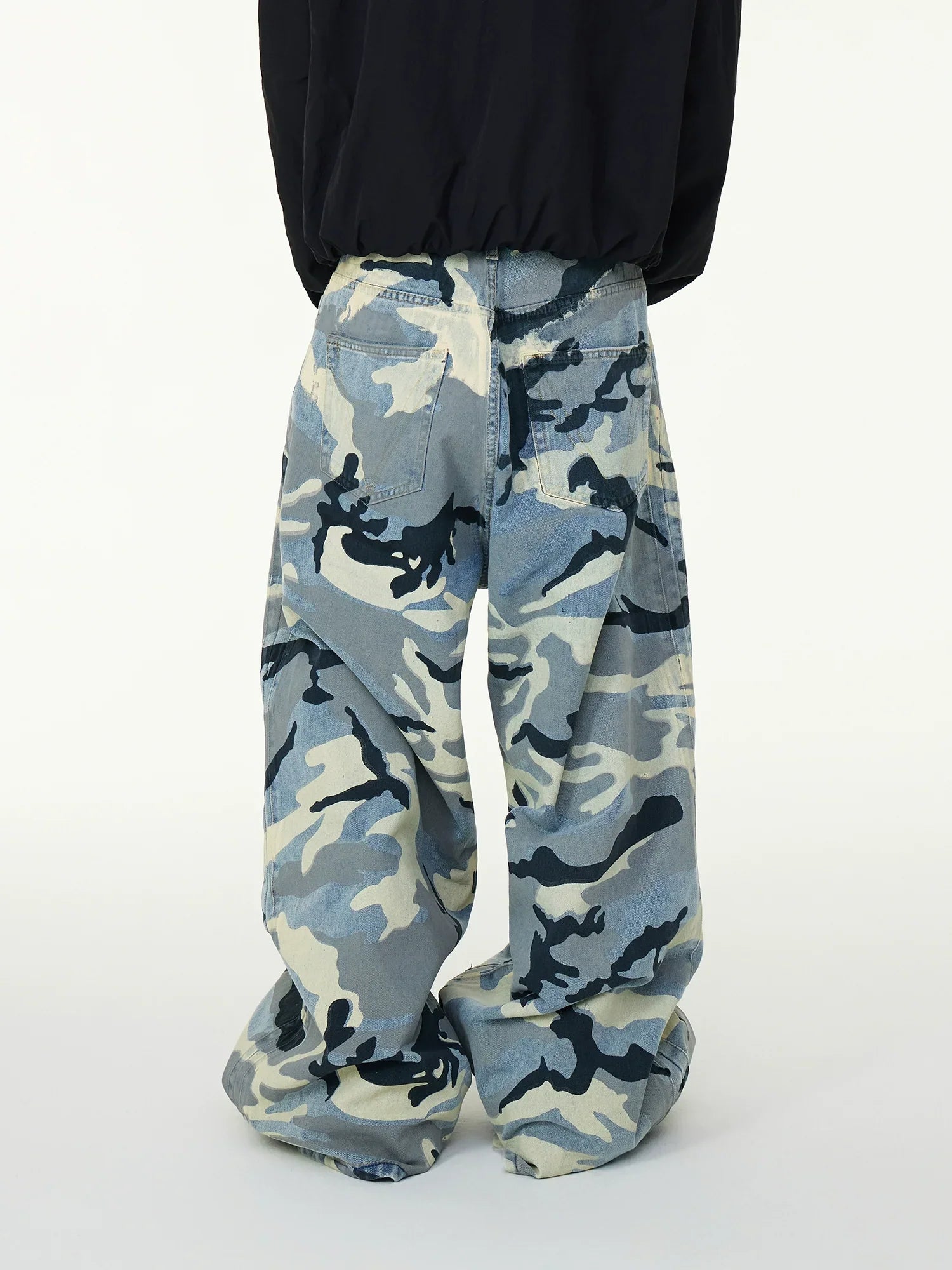 Oversized Blue Camo Print Stacked Jeans