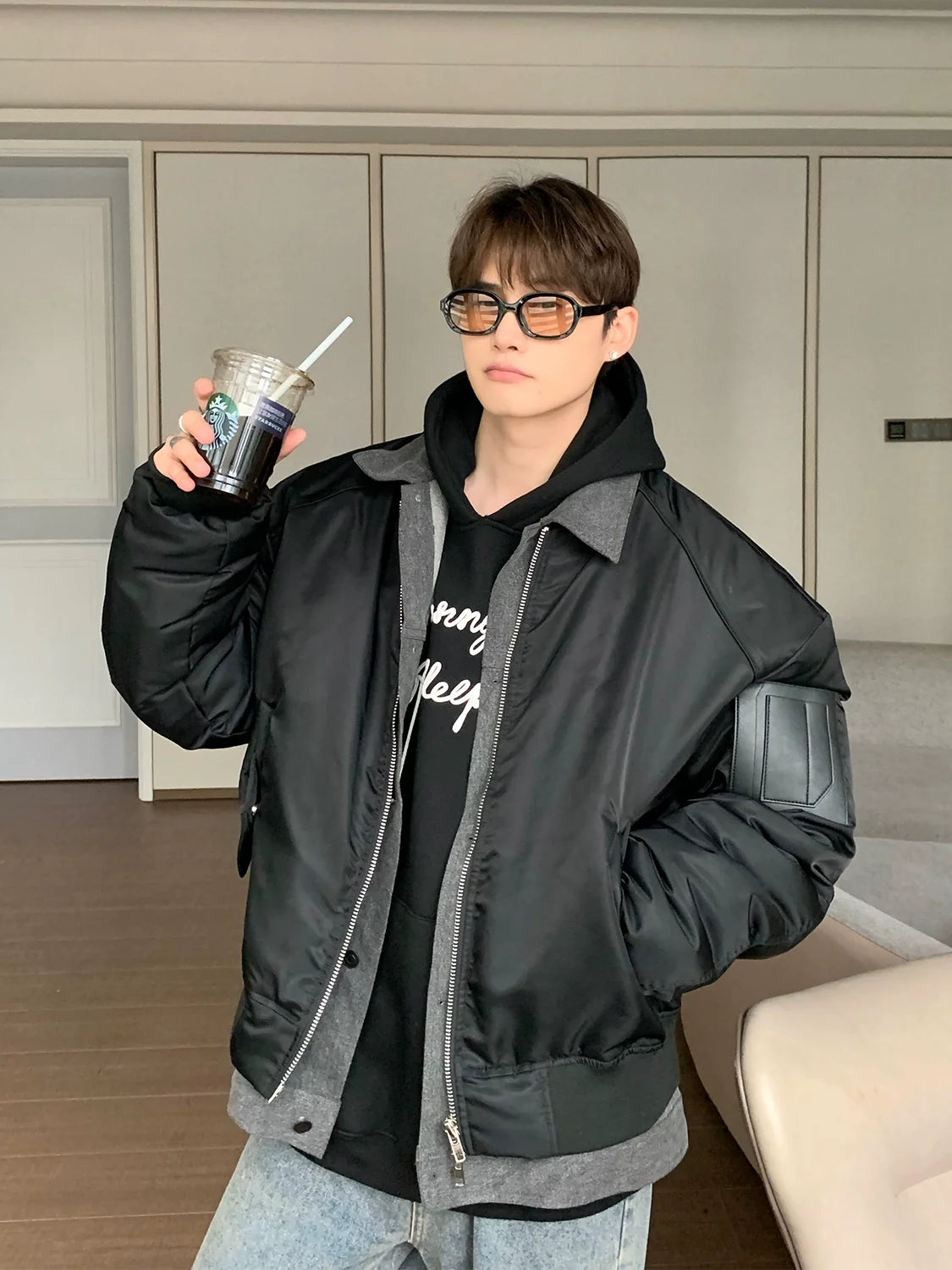 Bomber Jacket with Zipper Front and Ribbed Details