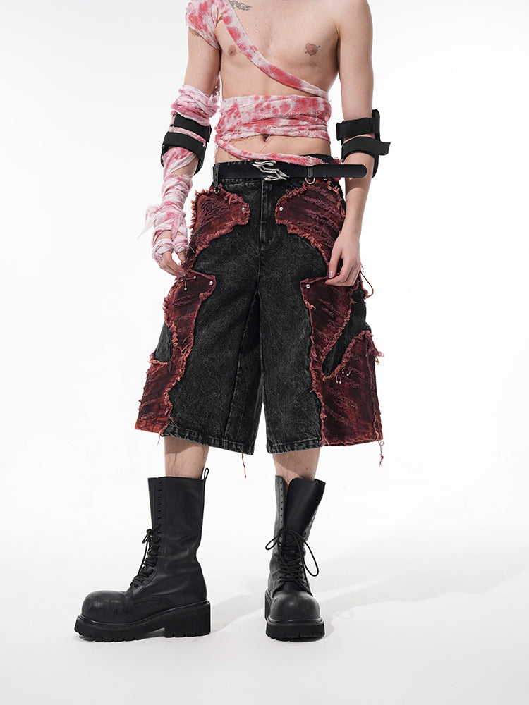 Black Red Distressed Denim Shorts