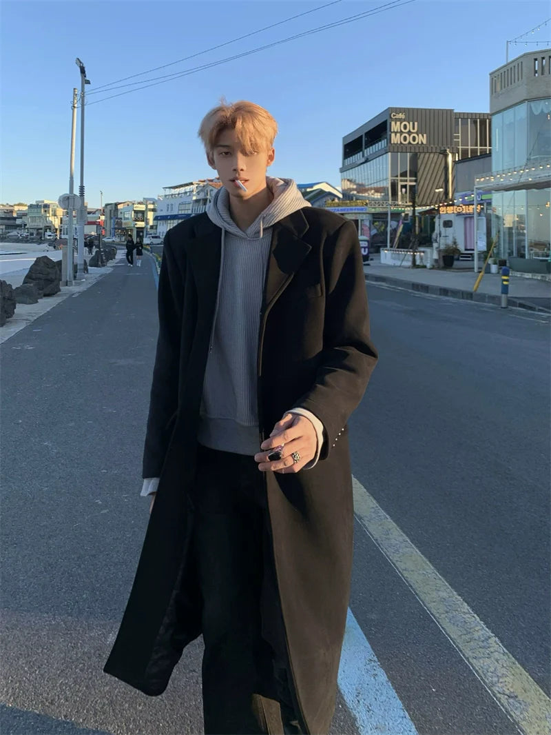 Long Black Wool Coat with Hoodie Layering