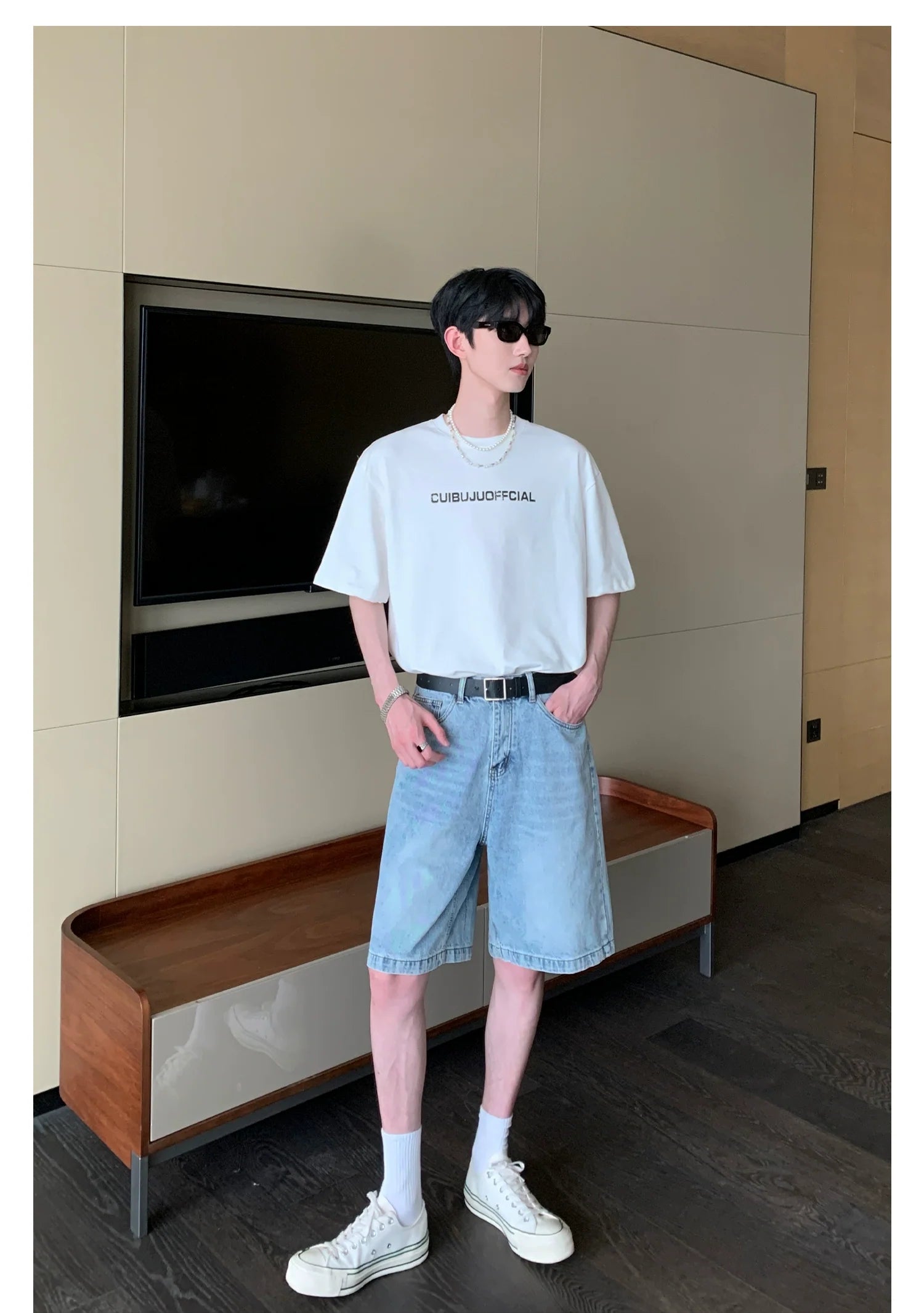 Faded Denim Shorts with Distressed Wash